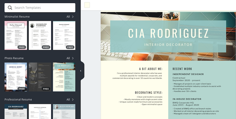 Canva es una herramienta web que te proporciona con templates gratis para crear un CV visualmente impactante.